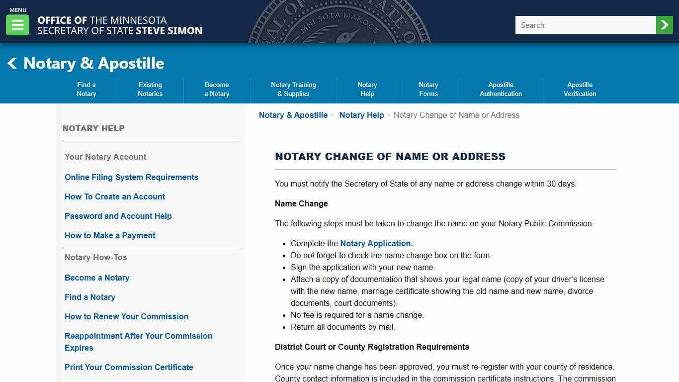 Minnesota Secretary Of State - Notary Change of Name or Address