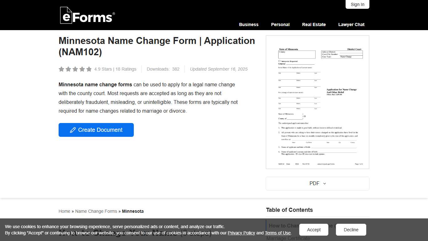 Free Minnesota Name Change Forms | Application (NAM102) - PDF – eForms